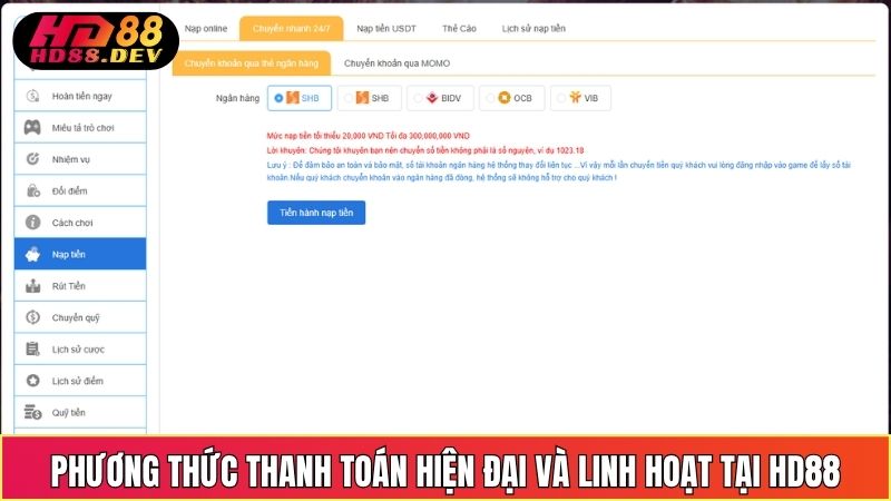 Phương thức thanh toán hiện đại và linh hoạt tại HD88